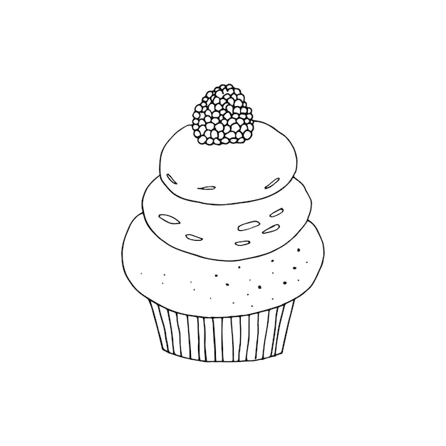 Ilustración de vector cupcake. Pasteles de Doodle con crema y bayas.