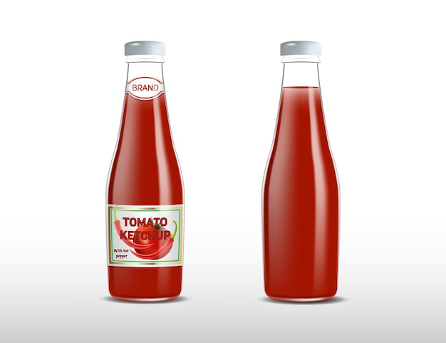 Ilustración de vector d de anuncios de productos de salsa de tomate picante diseño de plantilla de botellas de salsa de tomate picante y mo ...