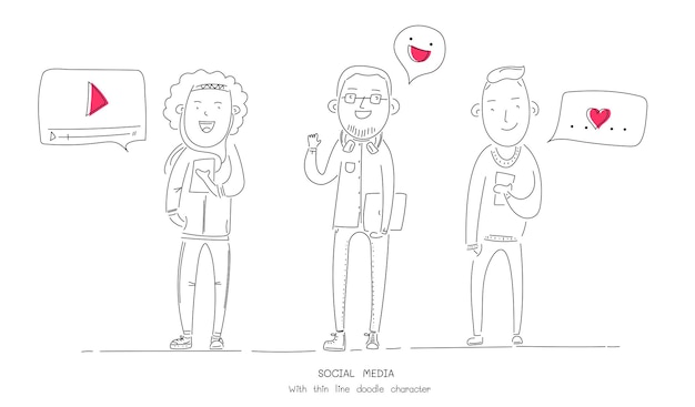 Vector ilustración vector delgada línea doodle personaje de nerd joven amigo