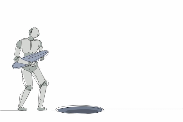 Ilustración del vector de desarrollo tecnológico de un robot de dibujo de una sola línea que sostiene la cubierta de agujero de hierro