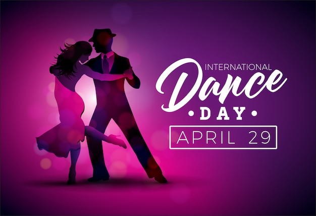 Ilustración de vector de día internacional de la danza con pareja de baile de tango sobre fondo púrpura