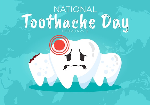 Ilustración del vector del Día Nacional del Dolor de Diente el 9 de febrero para la higiene dental para no causar dolor por gérmenes o bacterias en un fondo plano