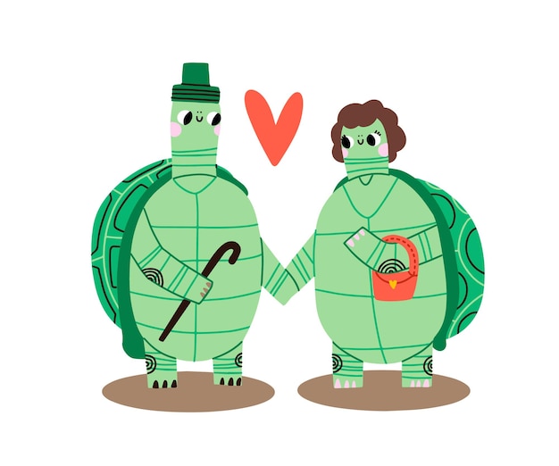 Ilustración de vector de día de San Valentín. Linda pareja tortugas sobre fondo blanco con corazón