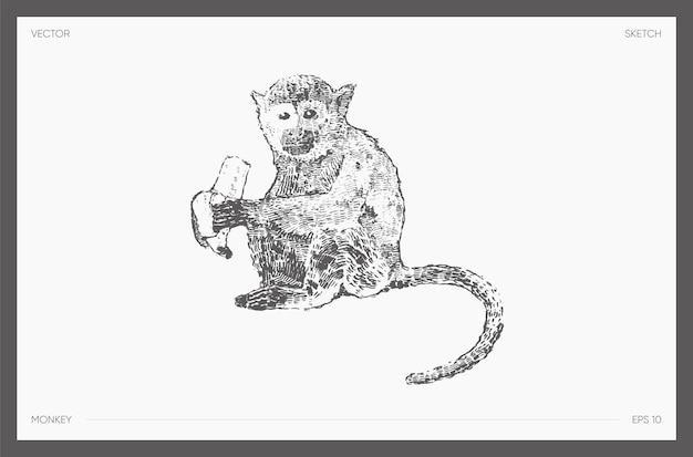 Ilustración de vector dibujado a mano de alto detalle de mono sentado con plátano, dibujo realista, boceto