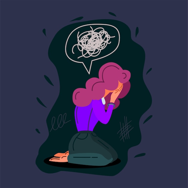 Ilustración de vector dibujado a mano chica deprimida. Mujer joven solitaria llorando. Concepto de confusión