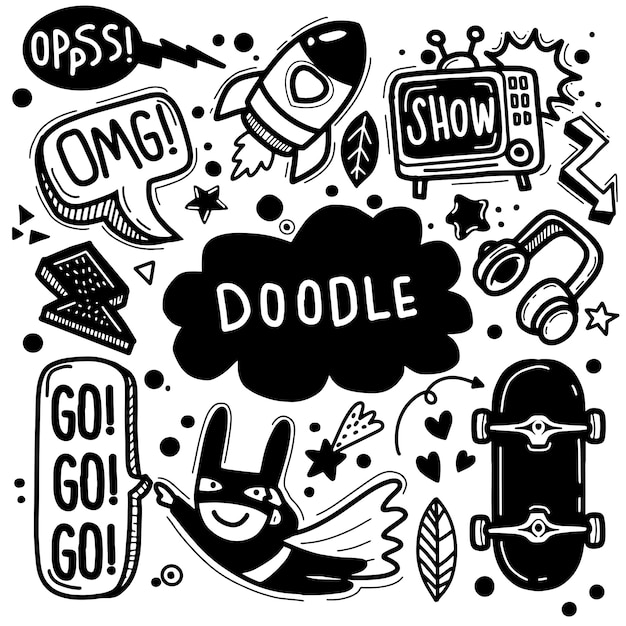 Vector ilustración de vector dibujado a mano del conjunto de doodle, dibujo de herramientas de línea de ilustrador, diseño plano