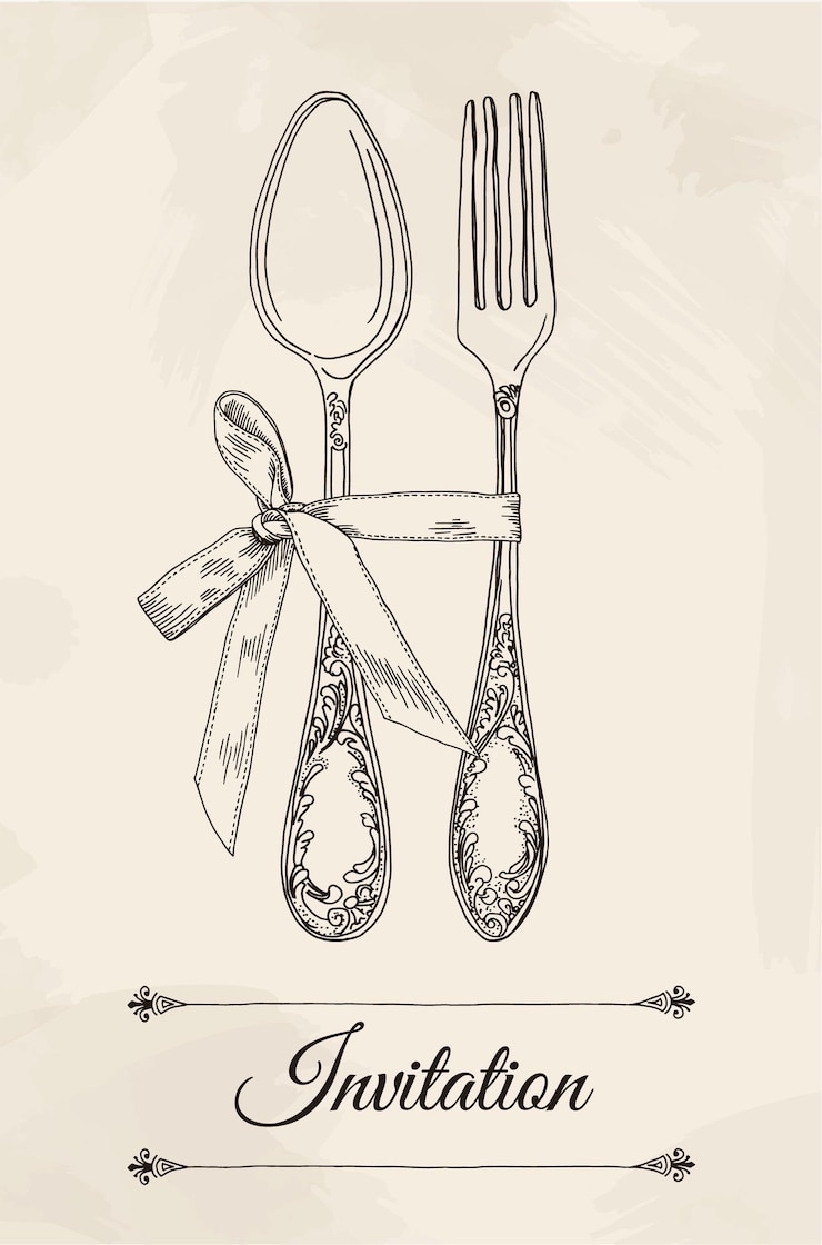 Vector ilustración de vector dibujado a mano de cubiertos de vajilla de plata ornamental rizado sobre un fondo beige con textura de acuarela