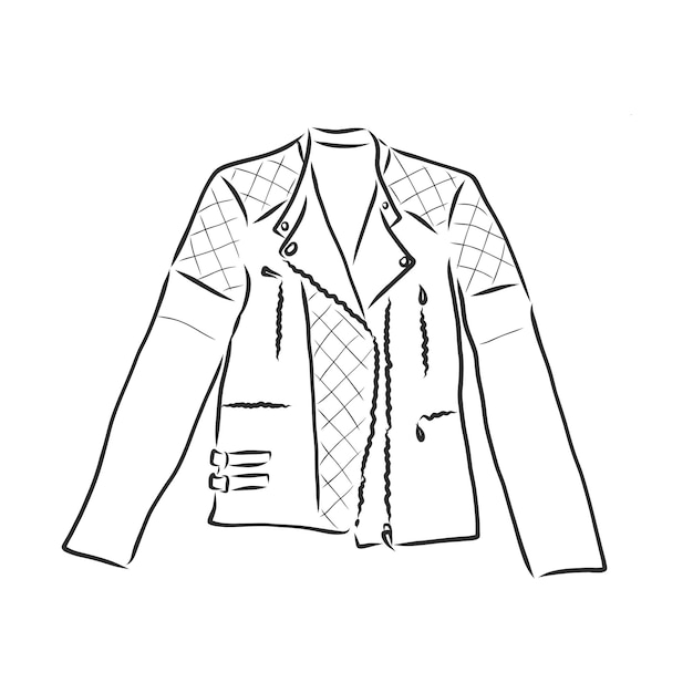 Ilustración de vector dibujado a mano. Obras de arte creativas de contorno negro. Ilustración de moda de tinta. Chaqueta de cuero de ilustración vectorial. Chaqueta de cuero dibujada a mano. chaqueta de cuero, ilustración de dibujo vectorial