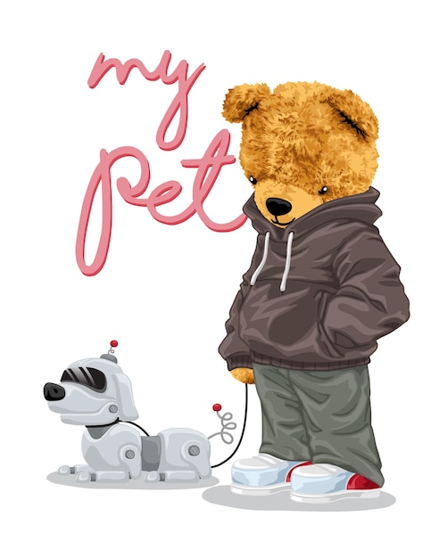 Ilustración de vector dibujado a mano de oso de peluche con robot mascota