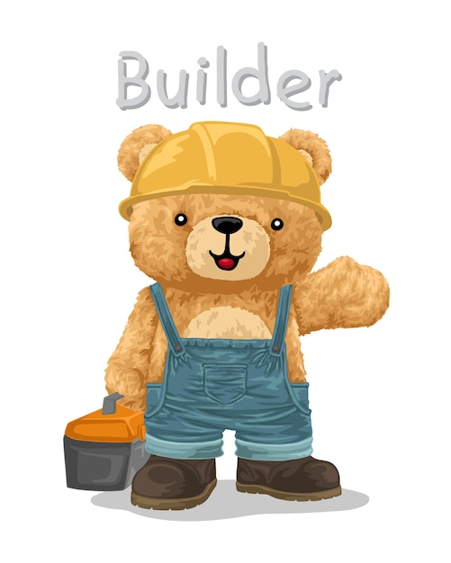 Ilustración de vector dibujado a mano de oso de peluche en traje de constructor con caja de herramientas