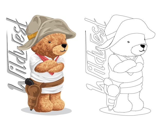 Ilustración de vector dibujado a mano de oso de peluche en traje de vaquero libro para colorear o página
