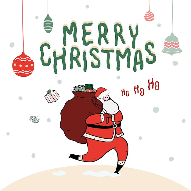 Ilustración de vector dibujado a mano de Santa Claus con saco lleno de regalos sobre fondo de nieve Tipografía de feliz Navidad