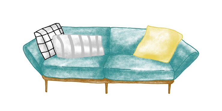 Vector ilustración de vector dibujado a mano sofá retro. mobiliario de habitación, artículo interior del hogar. sofá suave, sofá con cojines de dibujo. mueble. diván vintage aislado sobre fondo blanco.