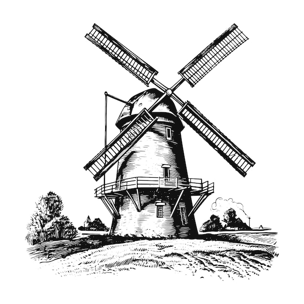 Ilustración de vector de dibujo de grabado vintage de molino de viento
