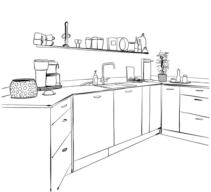 Ilustración de vector de dibujo interior de cocina comida y bebida