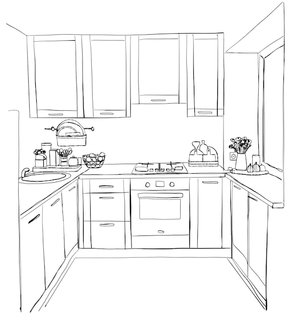 Ilustración de vector de dibujo interior de cocina