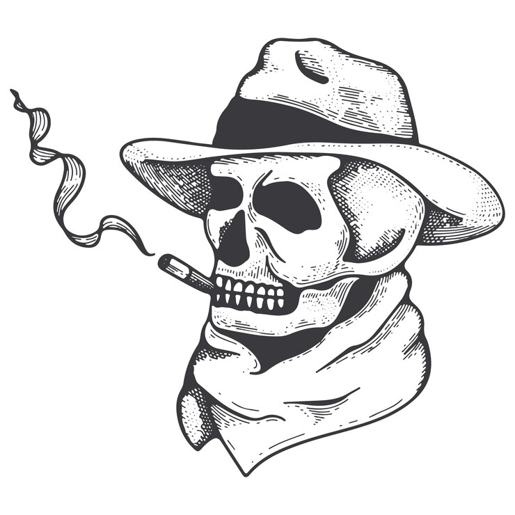 Vector ilustración de vector de dibujo a mano de calavera calavera en estilo de grabado calavera en un sombrero con un cigarro