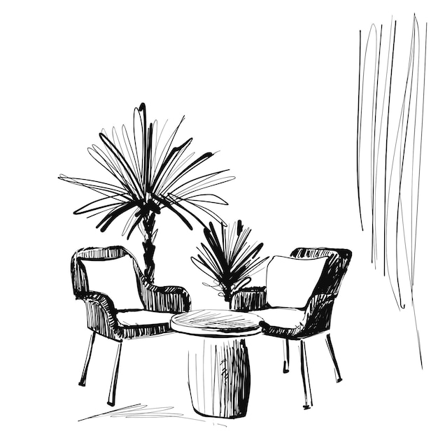 Ilustración de vector de dibujo a mano interior bosquejo de muebles