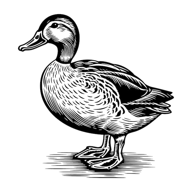 Ilustración de vector de dibujo de slyle de grabado en madera de pato real