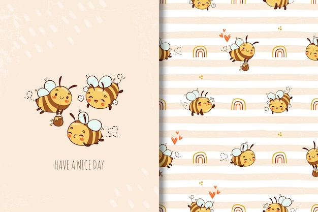 Ilustración de vector de dibujos animados de abeja kawaii lindo plantilla de impresión de tarjeta de niños y patrones sin fisuras