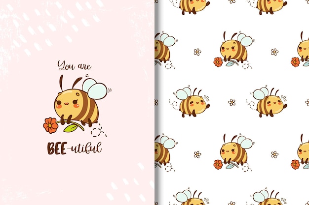 Ilustración de vector de dibujos animados de abeja kawaii lindo Plantilla de impresión de tarjeta de niños y patrones sin fisuras