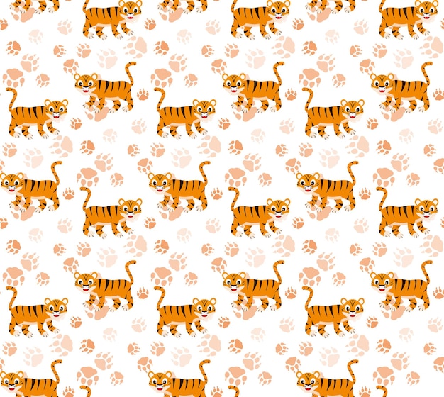 Ilustración de vector de dibujos animados alegre tigre de patrones sin fisuras. EPS 10
