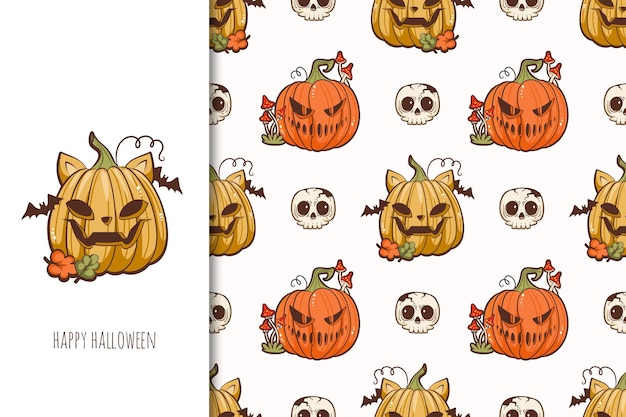 Ilustración de vector de dibujos animados de calabazas de halloween lindo y espeluznante. tarjeta divertida y patrones sin fisuras