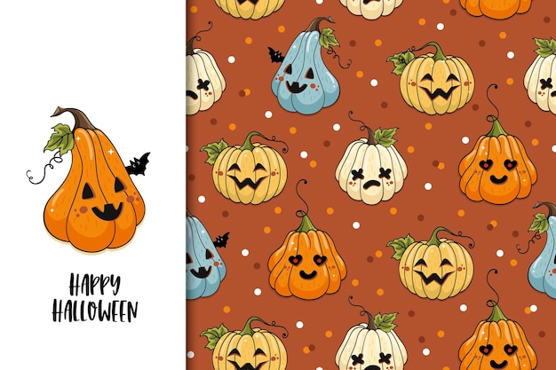 Vector ilustración de vector de dibujos animados de calabazas de halloween lindo y espeluznante. tarjeta divertida y patrones sin fisuras