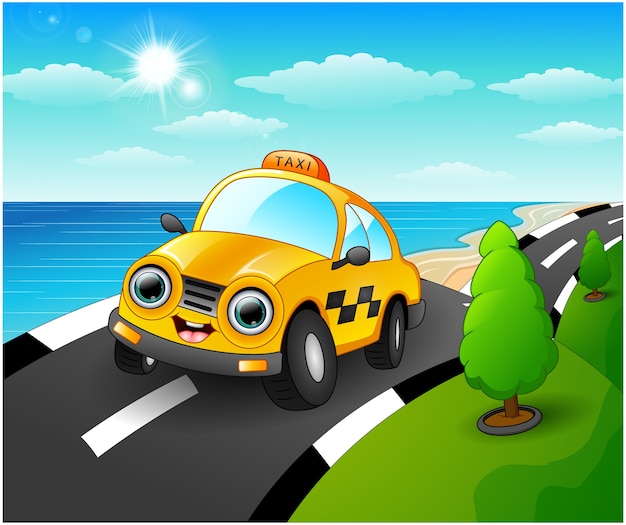 Ilustración de vector de dibujos animados de coche Taxi en la carretera costera
