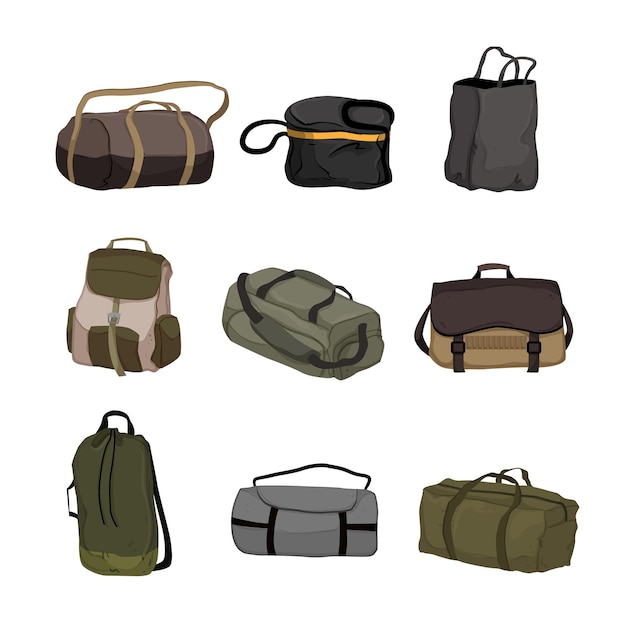 Ilustración de vector de dibujos animados conjunto de campamento de bolsa