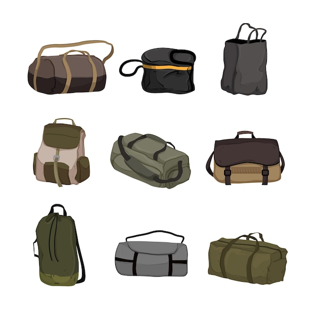 Vector ilustración de vector de dibujos animados conjunto de campamento de bolsa