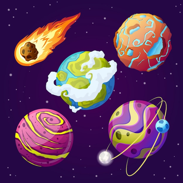 Ilustración de vector de dibujos animados de conjunto de espacio de planeta