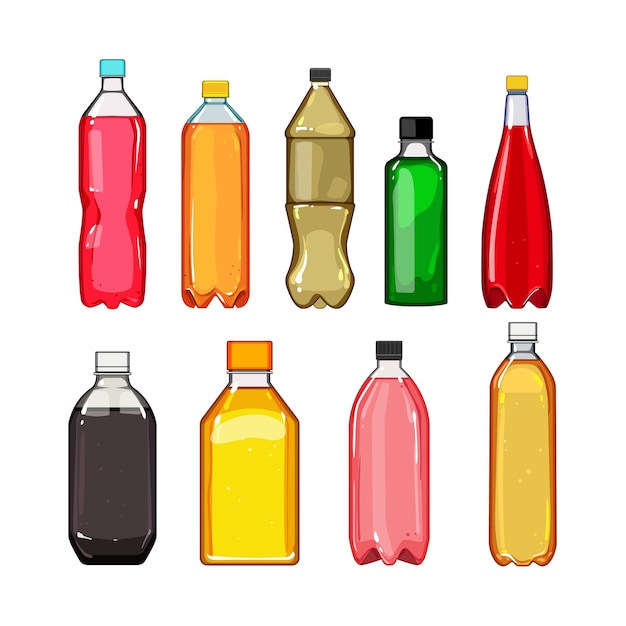 Ilustración de vector de dibujos animados conjunto de soda de botella de plástico