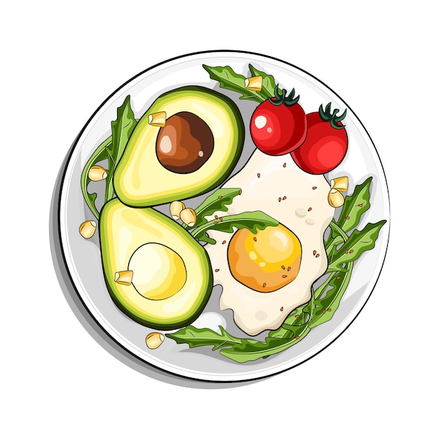 Vector ilustración de vector de dibujos animados de desayuno. huevos fritos con aguacate y tomates, vista superior de rúcula