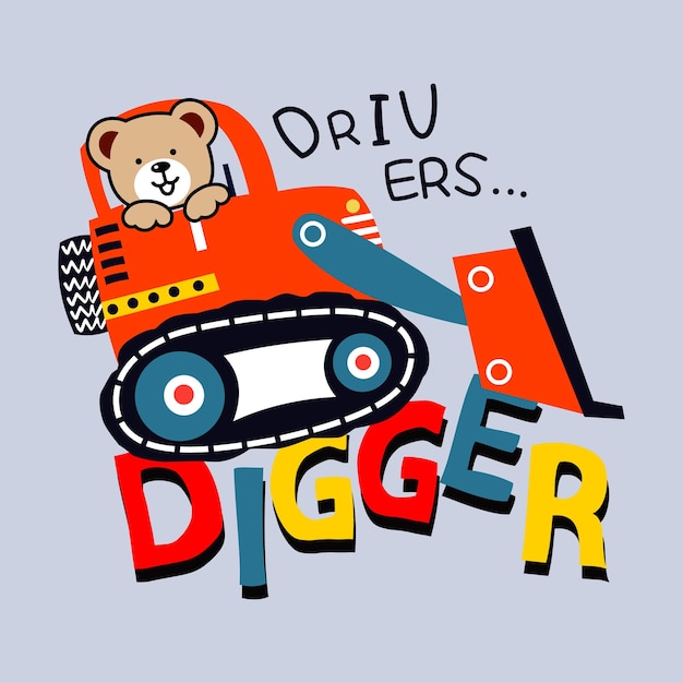 Ilustración de vector de dibujos animados de diseño de excavadora de conductor para imprimir todos los medios