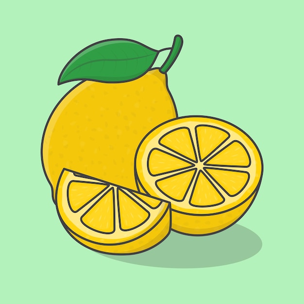 Ilustración de vector de dibujos animados de fruta de limón rebanada y contorno de icono plano de limón entero