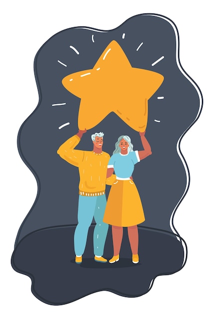 Ilustración de vector de dibujos animados de hombre y mujer tienen gran estrella arriba. Fondo oscuro. +