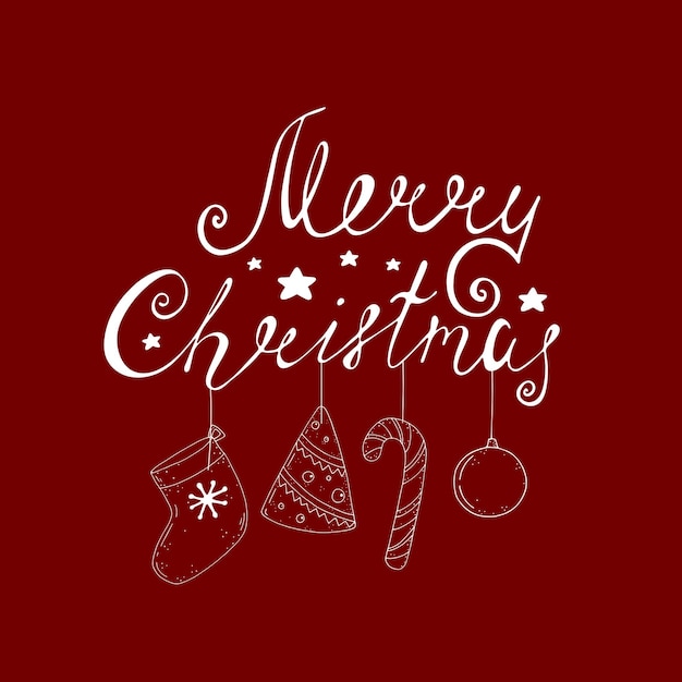 Ilustración de vector de dibujos animados con inscripción de caligrafía, calcetín, árbol de Navidad, bastón de caramelo, bolas,
