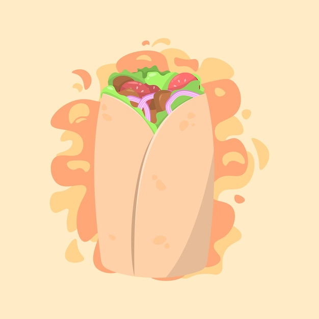 Ilustración de vector de dibujos animados de kebab enrollado en carne