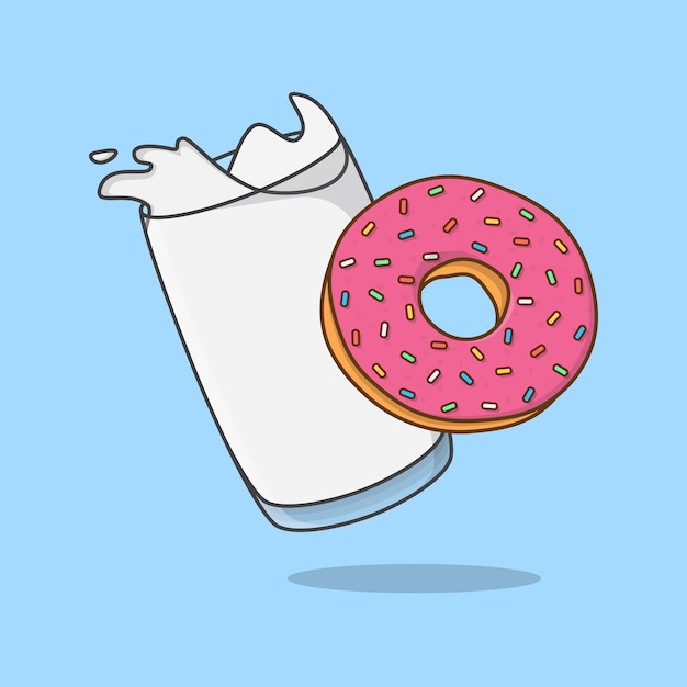 Ilustración de vector de dibujos animados de leche y donut Donut con contorno de icono plano de leche