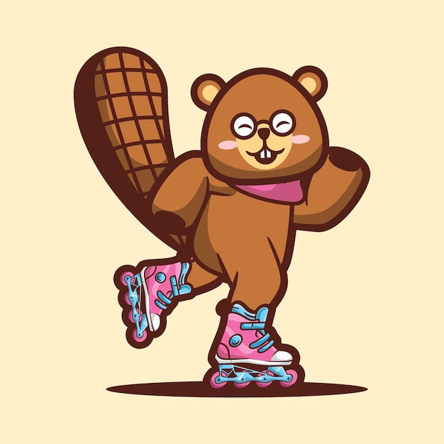 Ilustración de vector de dibujos animados lindo castor jugando patines en línea