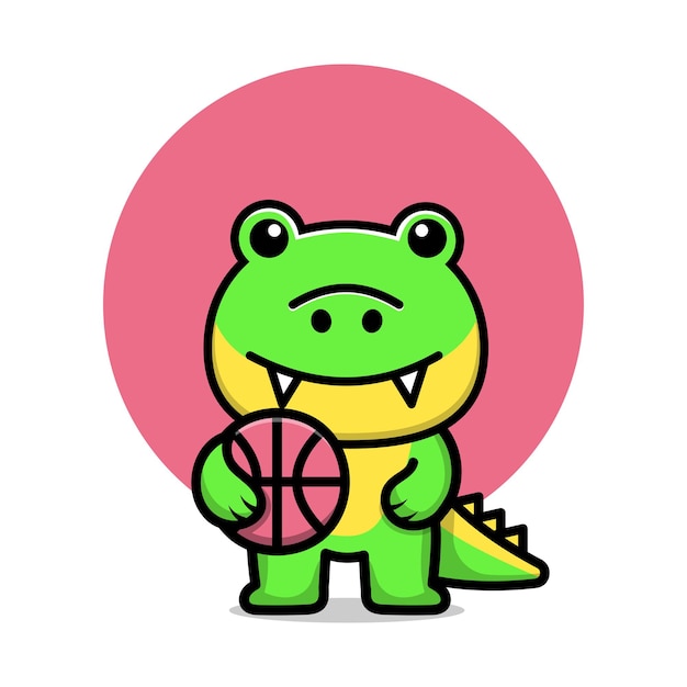 Ilustración de vector de dibujos animados lindo cocodrilo jugar baloncesto