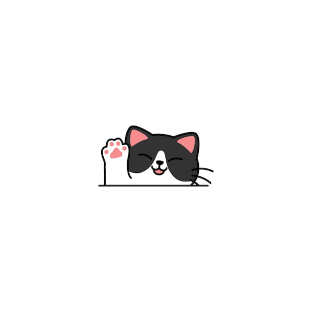 Ilustración de vector de dibujos animados lindo gato blanco y negro agitando pata