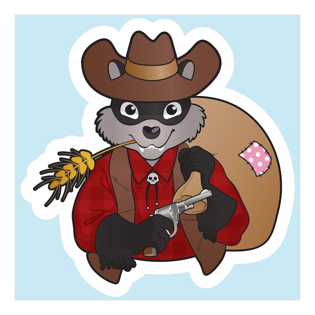 Ilustración de vector de dibujos animados lindo mapache bandido vaquero