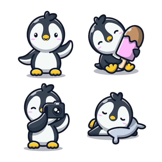Ilustración de vector de dibujos animados lindo pingüino conjunto concepto de amor animal vector aislado estilo de dibujos animados plana Vector gratuito