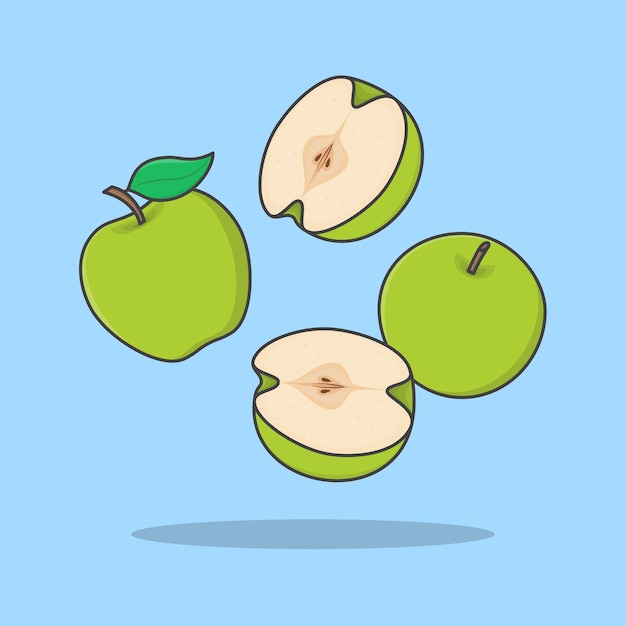 Vector ilustración de vector de dibujos animados de manzana verde caída de manzana en rodajas icono plano contorno manzana voladora