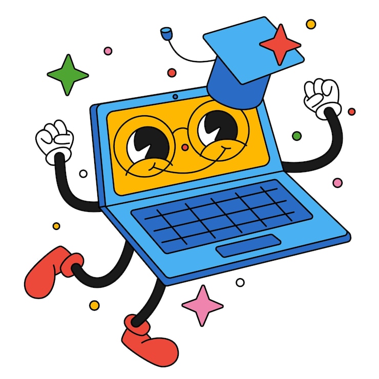 Vector ilustración de vector de dibujos animados de moda dibujada a mano educación en línea certificado de computadora feliz