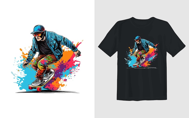 Ilustración de vector de dibujos animados de monopatín Diseño de camiseta de monopatín
