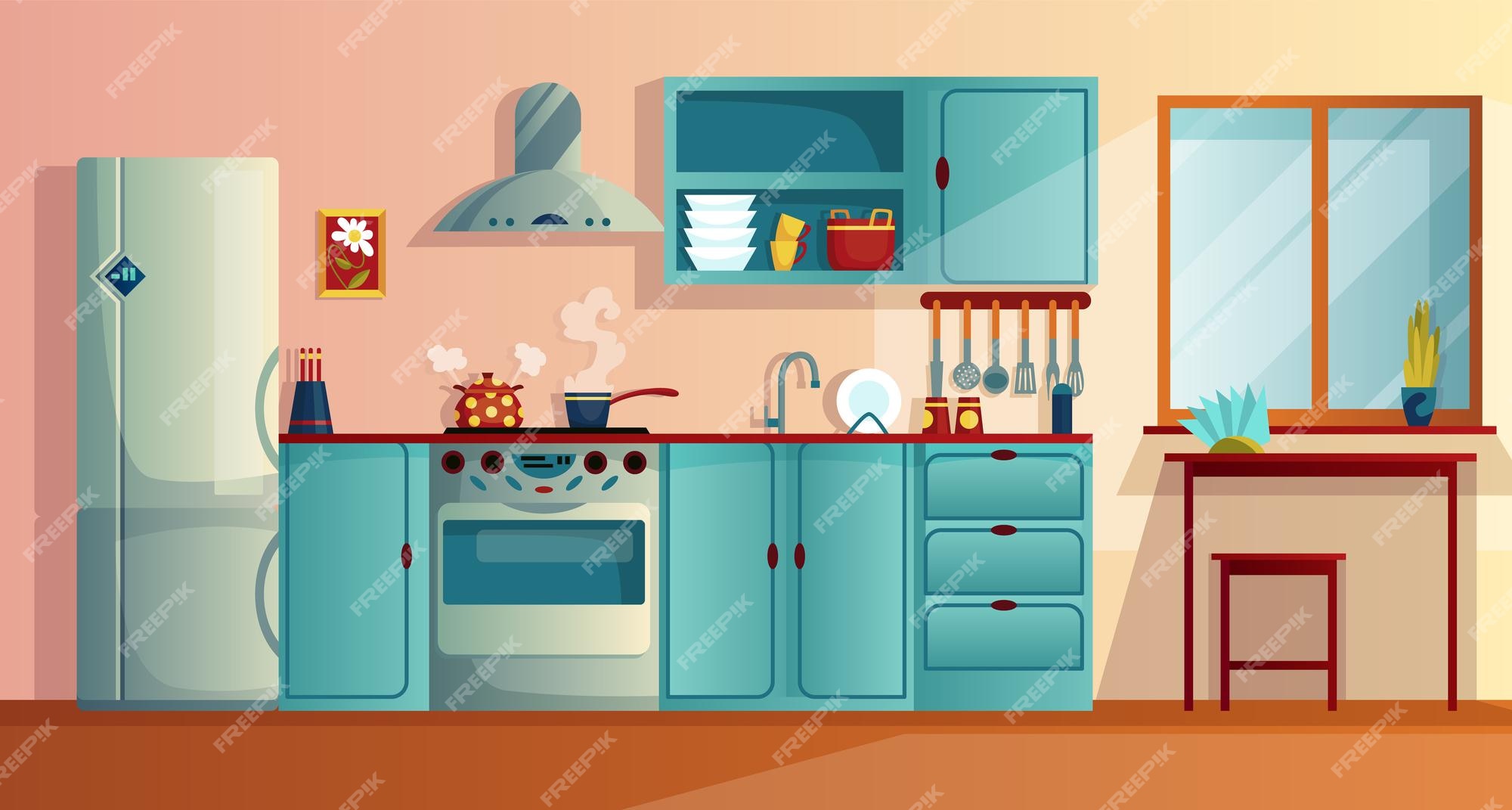 Dictar soborno cicatriz Ilustración de vector de dibujos animados de muebles de interior de cocina.  sala de cocina casera con mesa de comedor de madera, muebles de cocina,  horno frigorífico, vitrocerámica y campana extractora. electrodomésticos