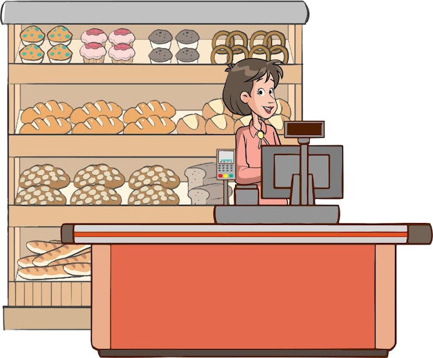 Ilustración de vector de dibujos animados de mujer de cajero de mercado